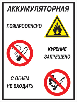 Кз 12 аккумуляторная - пожароопасно. курение запрещено, с огнем не входить. (пластик, 400х600 мм) - Знаки безопасности - Комбинированные знаки безопасности - магазин "Охрана труда и Техника безопасности"